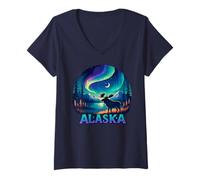 Womens Alaska Northern Lights Aurora Viewing Alaska Vacation Moose V-Neck T-Shirt
