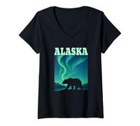 Womens ALASKA Northern Lights Bear Nature Wildlife Mountains V-Neck T-Shirt