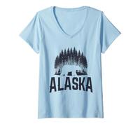 Women's Alaska The Last Frontier Bear Pine Tree Vintage Souvenir V-Neck T-Shirt