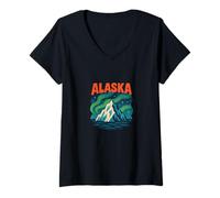 Womens Alaska Wilderness Retro Northern Adventure Midnight Sun V-Neck T-Shirt