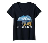 Women's Alaskan Bear with Lake and Mountain Alaska Adventure V-Neck T-Shirt