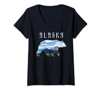Women's Alaskan Bear with Lake and Mountain Alaska V-Neck T-Shirt