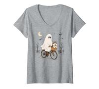 Women's Alaskan Malmute Ghost Bicycle Halloween Night Ride V-Neck T-Shirt