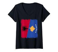 Womens Albania Kosovo Half Flag Albanian Kosova Roots Kosovë V-Neck T-Shirt