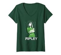 Women's Alien 45th Anniversary Ellen Ripley & Jonesy Stylized Art V-Neck T-Shirt, Dark Green, Small
