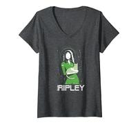 Women's Alien 45th Anniversary Ellen Ripley & Jonesy Stylized Art V-Neck T-Shirt, Dark Heather Grey, Medium