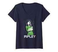 Women's Alien 45th Anniversary Ellen Ripley & Jonesy Stylized Art V-Neck T-Shirt, Navy Blue, Small