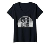 Womens Alien Abduction Cat Retro Sci-Fi Vibes V-Neck T-Shirt