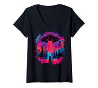 Womens Alien Abduction Cat UFO Vaporwave Art Gift V-Neck T-Shirt
