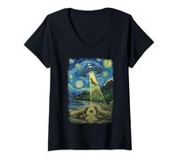 Womens Alien Abduction Komodo Dragon On Beach V-Neck T-Shirt