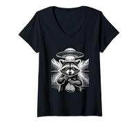 Women's Alien Abduction Raccoon UFO Mountain V-Neck T-Shirt