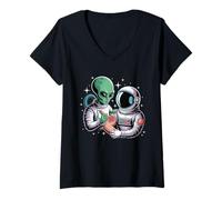 Womens Alien Astronaut Tattoo Cool Funny Galaxy Space Tattoo Artist V-Neck T-Shirt