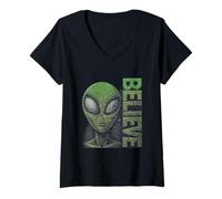 Womens Alien Believe Sign Funny UFO For Funny Alien Believers UFOS V-Neck T-Shirt
