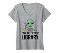 Women's Alien Book Lover Take Me to Your Library SciFi Reading V-Neck T-Shirt