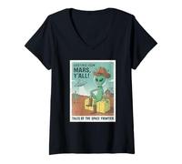 Women's Alien Cowboy Greetings from Mars Space UFO Retro Western V-Neck T-Shirt