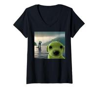 Womens Alien Dog Viral Meme Selfie with Loch Ness Monster Nessie V-Neck T-Shirt