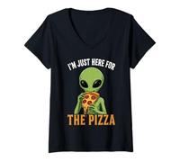 Women's Alien Eat Pizza Funny I'm Just Here for the Pizza V-Neck T-Shirt