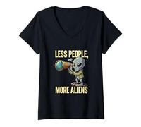 Women's Alien Less People More Aliens Funny Extraterrestrial V-Neck T-Shirt