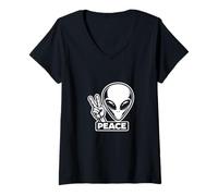 Women's Alien Peace Sign UFO Funny Sci-Fi Graphic V-Neck T-Shirt