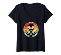 Women's Alien Peace Sign UFO Gangster Funny Sci-Fi Graphic V-Neck T-Shirt