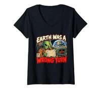 Women's Alien Pilot Earth was a Wrong Turn Space Travel Humor V-Neck T-Shirt