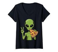 Womens Alien Pizza Peace Funny Design for Pizza Lovers and UFO V-Neck T-Shirt