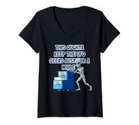 Women's Alien Pushing Top-Secret UFO Files Funny Sci Fi Graphic V-Neck T-Shirt