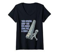 Women's Alien Pushing Top-Secret UFO Files Funny Sci Fi Graphic V-Neck T-Shirt