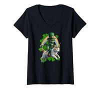 Womens Alien Riding Cat Unicorn Rainbow St Patrick’s Day Caticorn V-Neck T-Shirt
