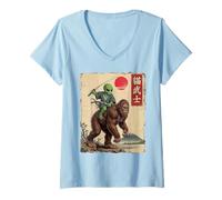 Women's Alien Samurai on Bigfoot Japanese Anime Ukiyo-e Art Graphic V-Neck T-Shirt
