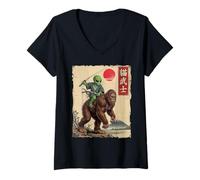 Women's Alien Samurai on Bigfoot Japanese Anime Ukiyo-e Art Graphic V-Neck T-Shirt