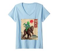 Women's Alien Samurai on Bigfoot Japanese Anime Ukiyo-e Art Graphic V-Neck T-Shirt