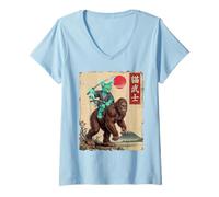 Women's Alien Samurai on Bigfoot Japanese Anime Ukiyo-e Art Graphic V-Neck T-Shirt