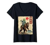 Women's Alien Samurai on Bigfoot Japanese Anime Ukiyo-e Art Graphic V-Neck T-Shirt