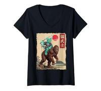 Women's Alien Samurai on Bigfoot Japanese Anime Ukiyo-e Art Graphic V-Neck T-Shirt