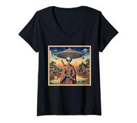 Womens Alien Samurai Warrior Invasion Flying Saucers V-Neck T-Shirt