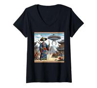 Womens Alien Samurai Warrior Invasion Flying Saucers V-Neck T-Shirt