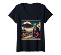 Womens Alien Samurai Warrior Invasion Flying Saucers V-Neck T-Shirt