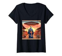 Womens Alien Samurai Warrior Invasion Flying Saucers V-Neck T-Shirt