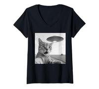 Womens Alien Saucer Cat Selfie Shock Close Up Night Sky Scene Panic V-Neck T-Shirt