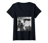 Womens Alien Saucer Guinea Pig Selfie Shock Close Up Sky Panic V-Neck T-Shirt