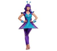 Women's Alien Sci-Fi Blue Purple Space-age Biohazard Fancy Dress with Antennas