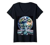 Women's Alien Selfie on Moon Earth Background, Back to Moon 2026 V-Neck T-Shirt