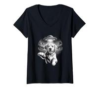 Women's Alien Spaceship Golden Retriever UFO Dog Night V-Neck T-Shirt