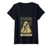 Womens Alien Tarot Card The Fool UFO Abduction Paganism V-Neck T-Shirt