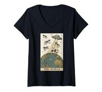Womens Alien Tarot Card The World UFO Invasion Funny Cow V-Neck T-Shirt