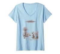 Women's Alien UFO Cat Abduction Desert Landscape Scene V-Neck T-Shirt