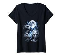 Women's Alien UFO Greys Full Moon Storm Space Monochrome Design V-Neck T-Shirt