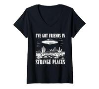 Women's Alien UFO Humor Friends in Strange Places Extraterrestrial V-Neck T-Shirt