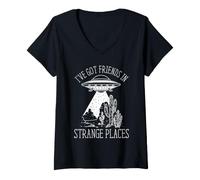 Women's Alien UFO Humor Friends in Strange Places Extraterrestrial V-Neck T-Shirt